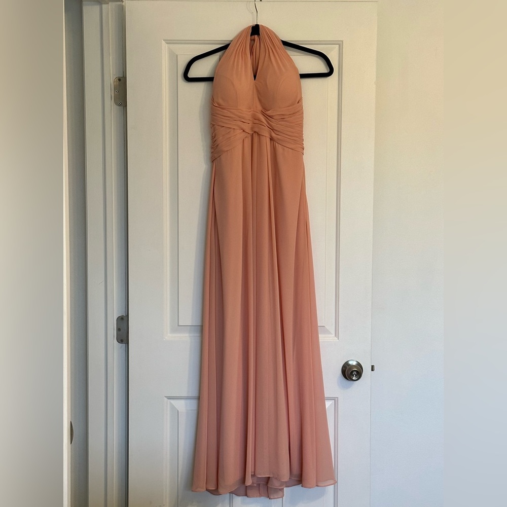 Mori Lee Peach Halter Keyhole Bodice Bridesmaid Dress Style 21616